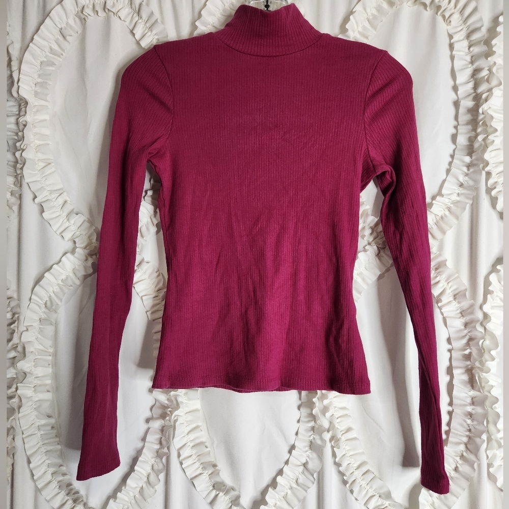 Anthropologie Maeve Raspberry Pink Ribbed Mock Neck Sweater Sz XS